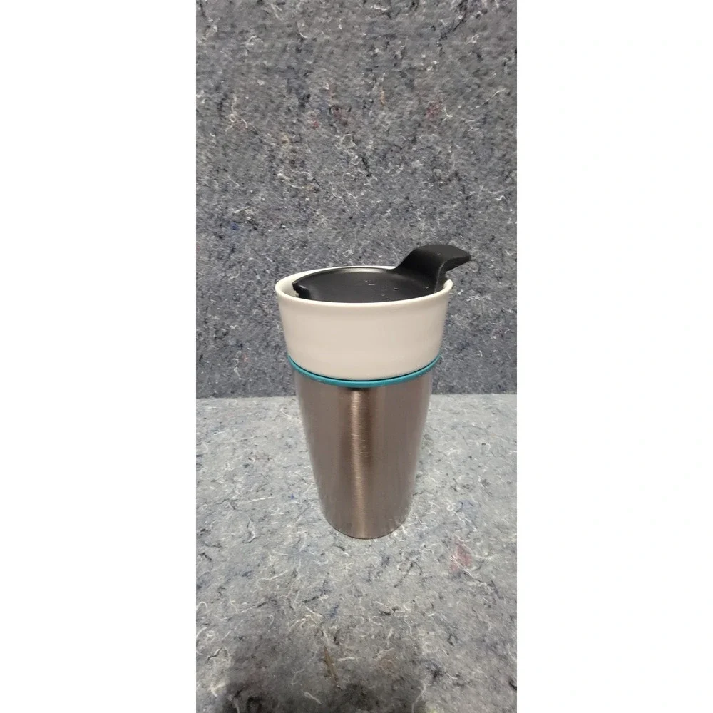 Starbucks 2014 Stainless Steel Ceramic w/Rubber Bottom Teal Ring 12oz Travel Mug